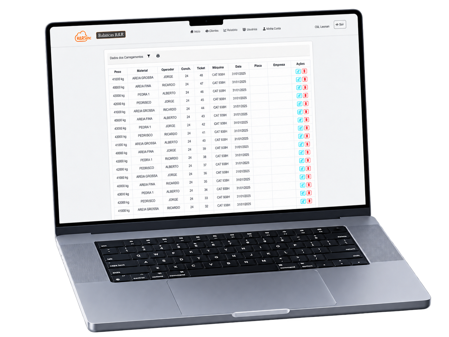 R&R Sync: imagem original do sistema com tabela de carregamentos, material, operador, máquina e data